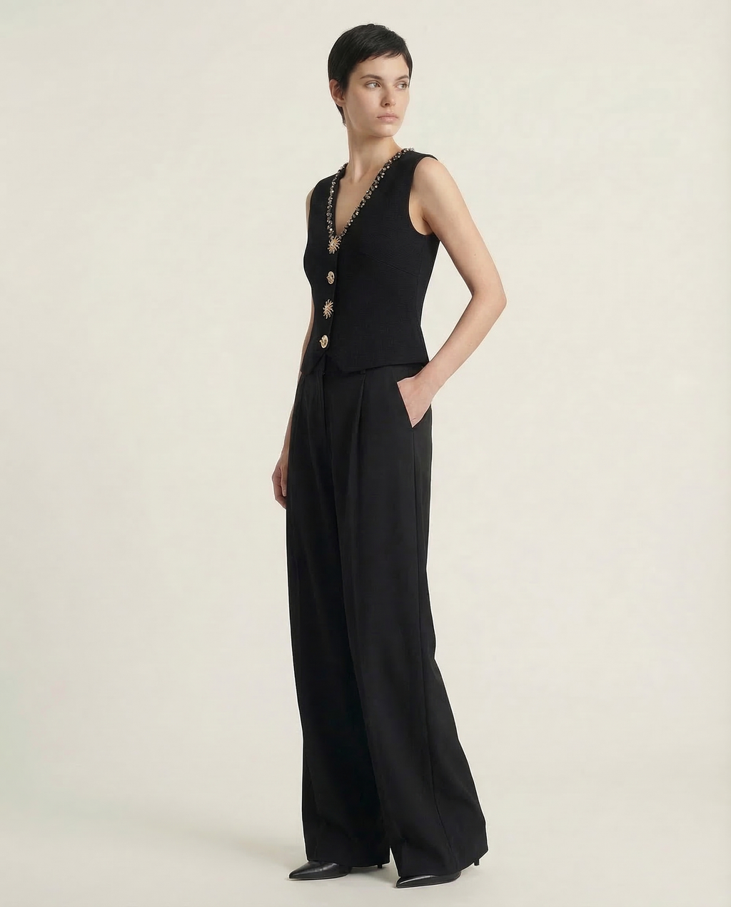 Black Embellished Vest and Trousers Set