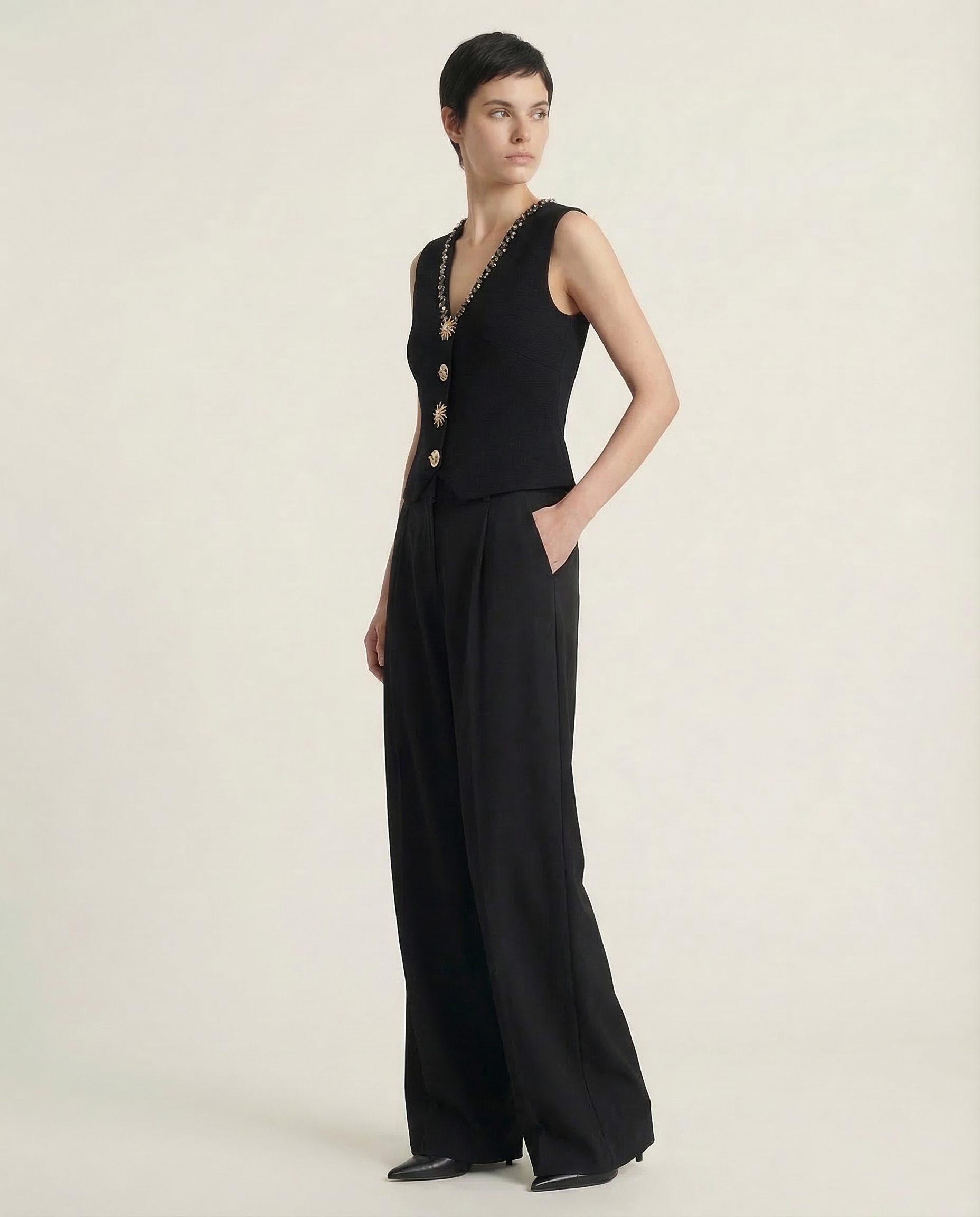 Black Embellished Vest and Trousers Set